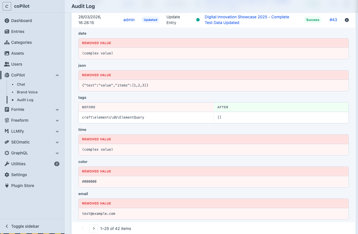 CoPilot audit log diff