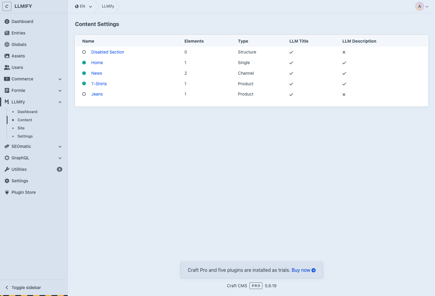 LLMify Content Settings