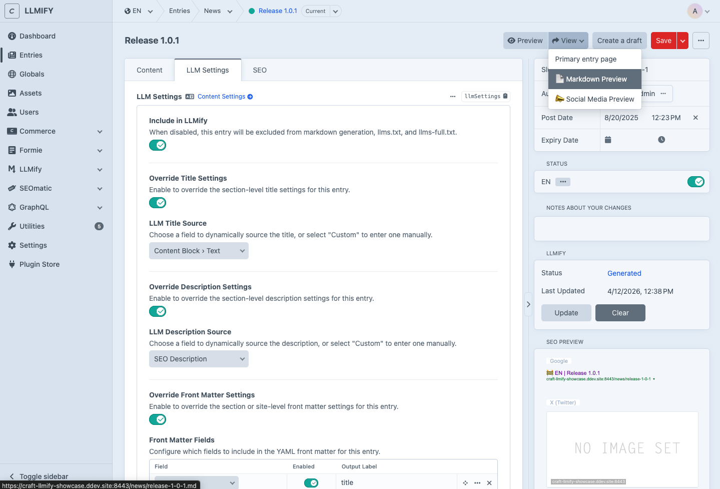 LLMify Entry Settings