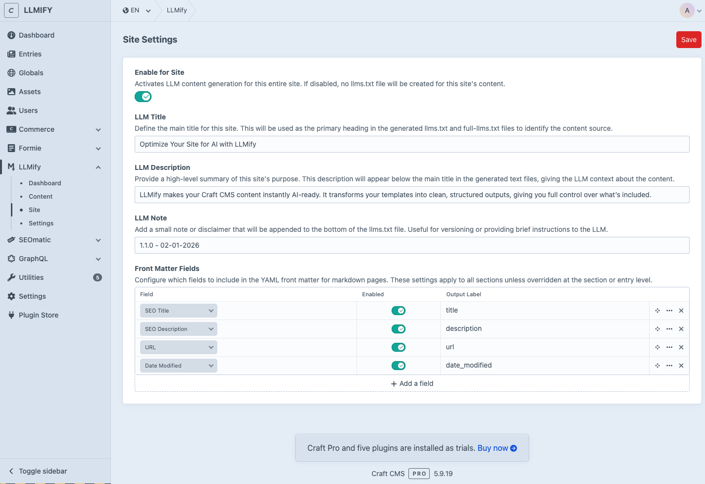 LLMify Site Settings