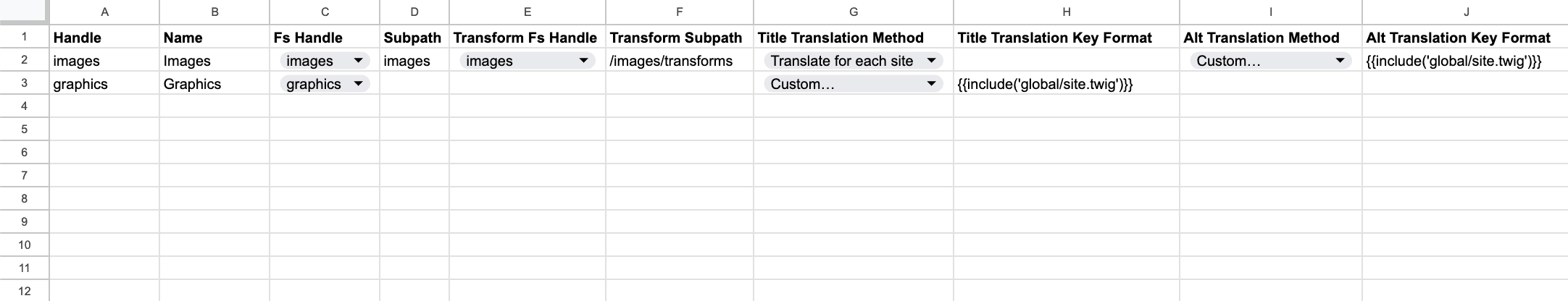 Preview of the excel configuration of assets