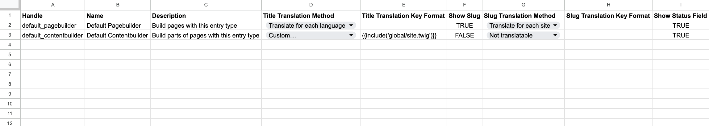 Preview of the excel configuration of entry types
