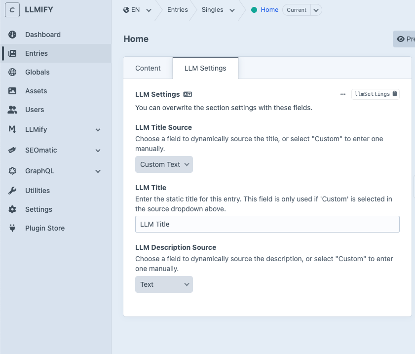 LLMify Entry Settings