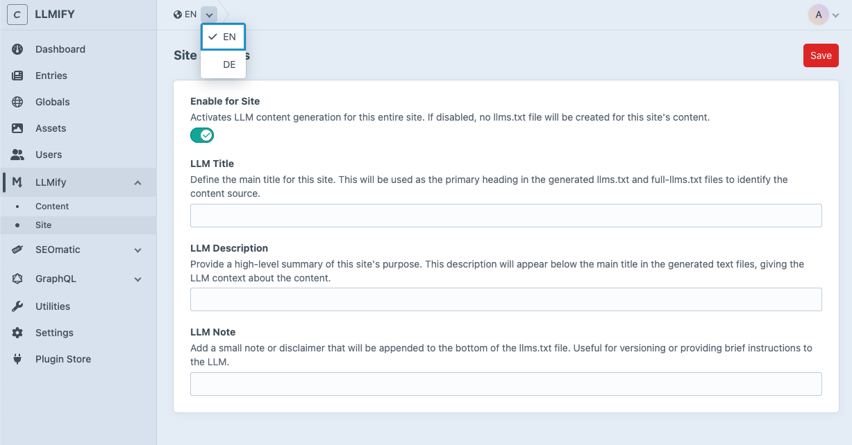 LLMify Site Settings